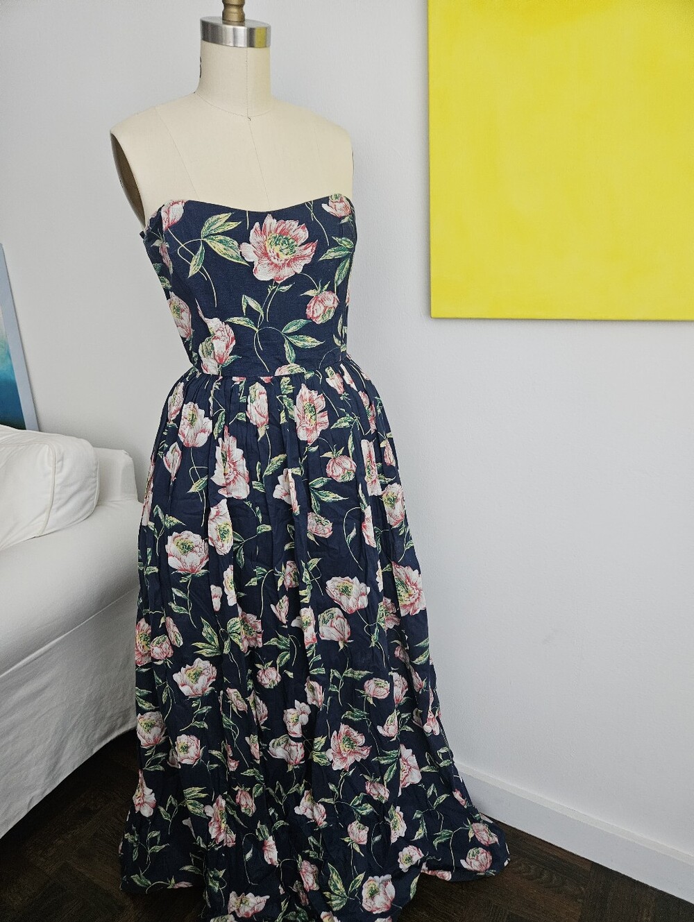 FRENCH CONNECTION - Linen Strapless Navy Floral Maxi Dress. Size 8